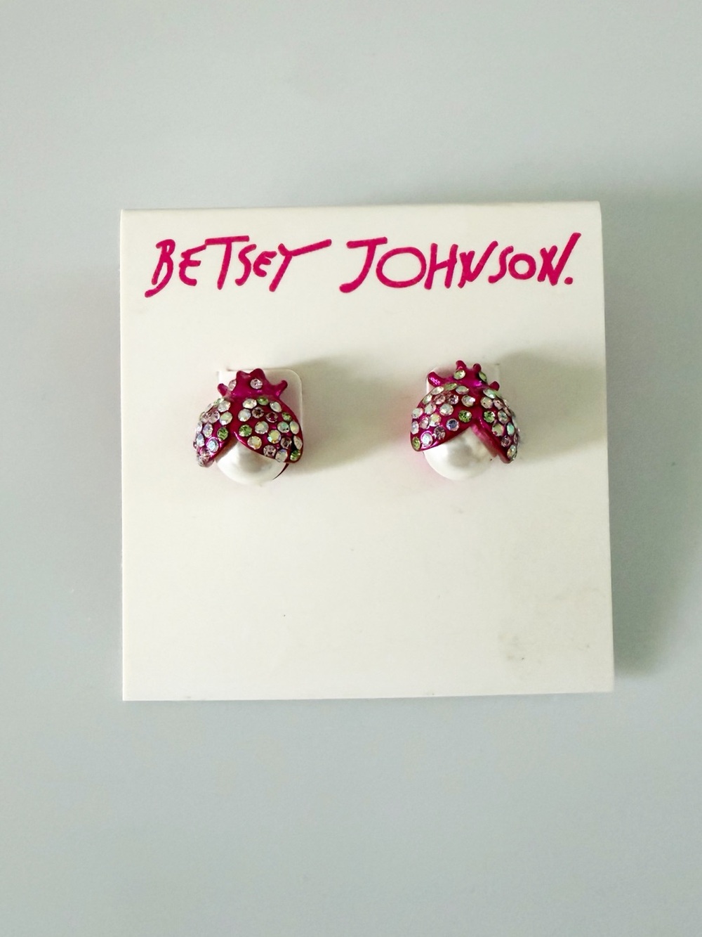 Betsey Johnson Pink Beetle Lady Bug Pearl Rhinestones Stud Earrings New